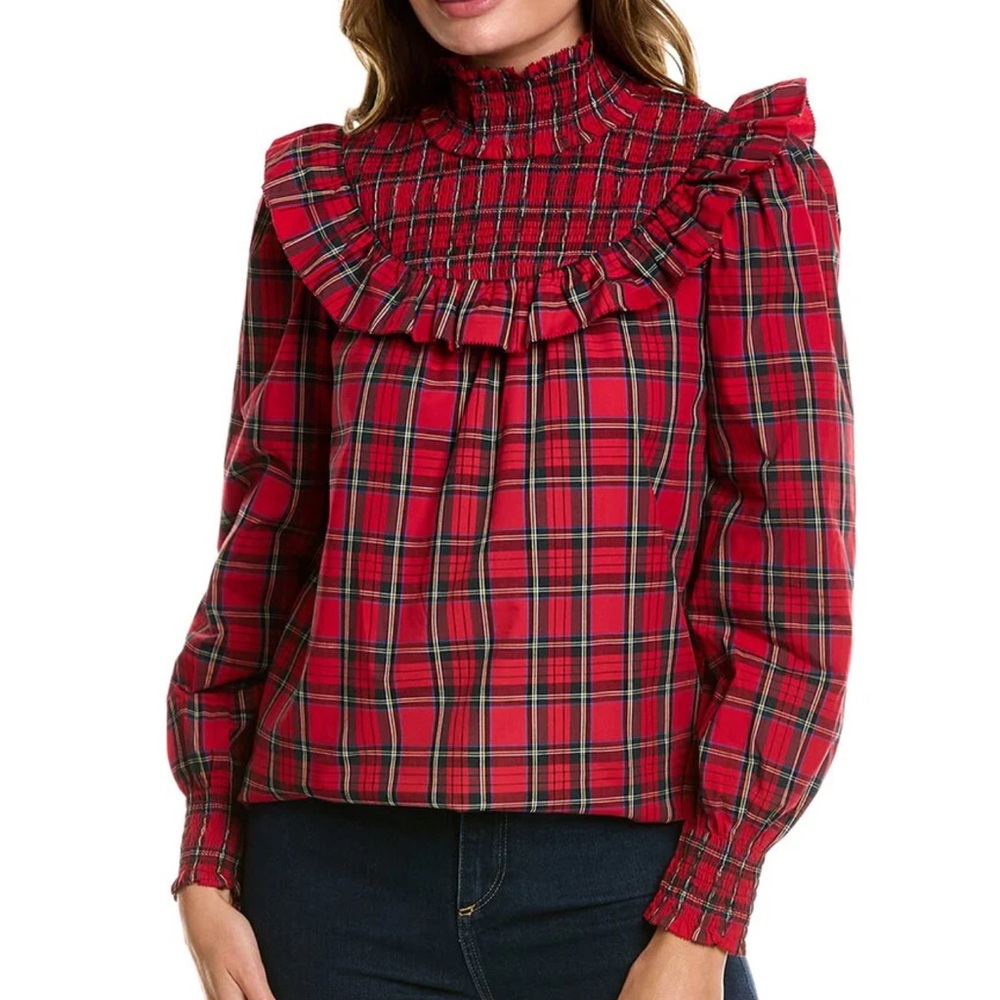 Sail‎ To Sable Red Plaid Ruffle Neck Long Sleeve Shirt Size XL Preppy Colorful
